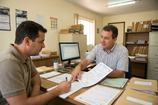 Despachante explicando licenciamento de veículo em Itanhaém.